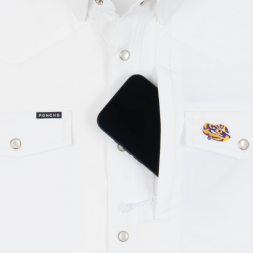 phone in chest zipper pocket of shirt