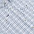 White and gray plaid button-up shirt with wooden buttons, featuring The Fog Horn label detail