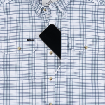The Fog Horn plaid shirt with front pockets holding a smartphone