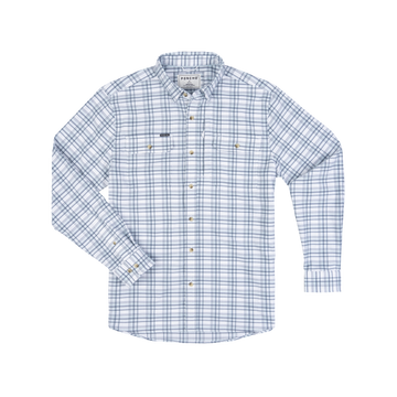 The Fog Horn blue and white plaid button-up shirt with long sleeves