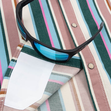 Closeup of sunglasses with lens cleaner on shirt
