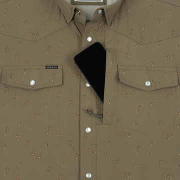 Phone in chest zipper pocket of shirt