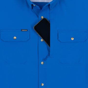 Phone in chest zipper pocket of shirt
