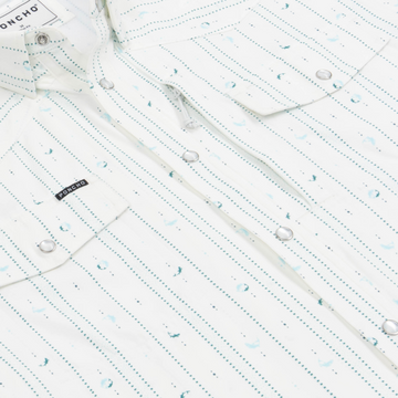 White button-up shirt with blue dotted stripes and small splash patterns with water droplets on the fabric