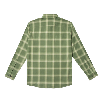 back of green and white flannel shirt
