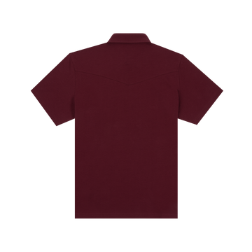 Back view of a maroon short-sleeve shirt featuring a subtle yoke detail, The Gridiron style.