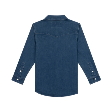 The Harris comfortable outdoor denim shirt back view in blue