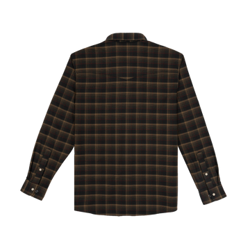 The John Colter brown plaid shirt back view with long sleeves and button cuffs