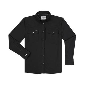 Black button-up shirt with chest pockets called The Laramie