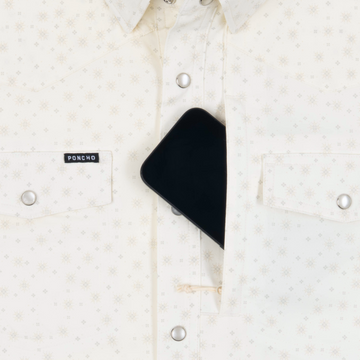 phone in chest zipper pocket of shirt