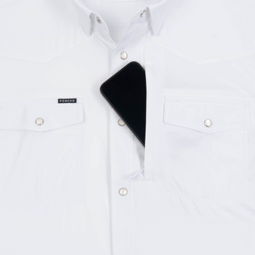 Phone in chest zipper pocket of shirt