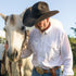 man wearing the odessa shirt with horse