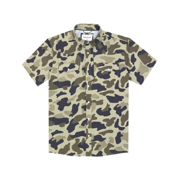 The Pampa short sleeve button-up shirt with green and black camouflage pattern