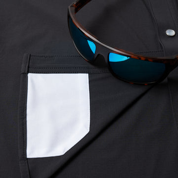 Closeup of sunglasses with lens cleaner on shirt