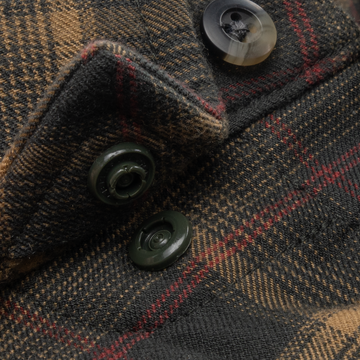Close-up of brown and red plaid fabric with buttons on The Rusty Saw shirt