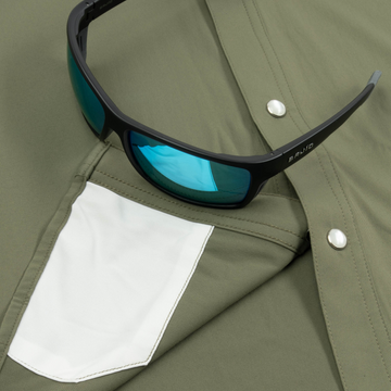 Closeup of sunglasses with lens cleaner on shirt