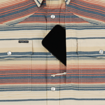 The Saddle Blanket striped shirt pocket with phone inserted