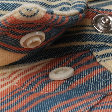 Close-up of snap buttons on patterned fabric from The Saddle Blanket shirt