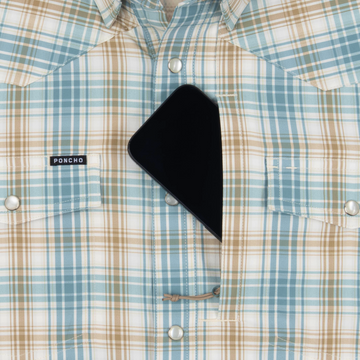 Phone in chest zipper pocket of shirt