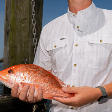 Man wearing The Santa Rosa shirt holding a fresh red snapper fish outdoors near wooden post and chain
