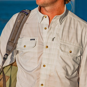 closeup of man wearing the skiff shirt