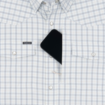 phone in chest zipper pocket of shirt