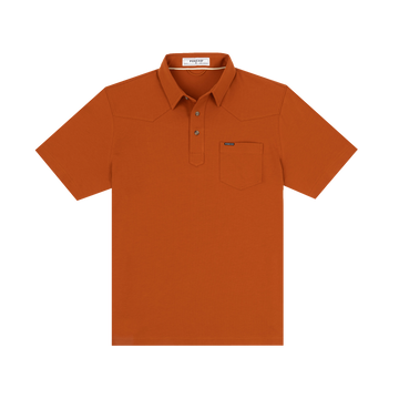 The Speedway rust orange shirt with a chest pocket and three-button collar in a clean, simple design.