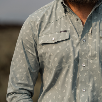 Close-up of The St. Helens outdoors shirt with subtle pattern and snap buttons