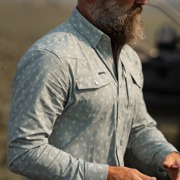 Man wearing The St. Helens shirt with subtle pattern and chest pockets outdoors