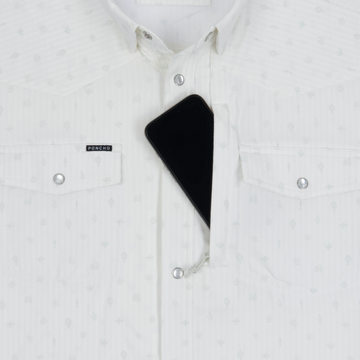 phone in chest zipper pocket of shirt