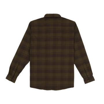The Telluride outdoors plaid shirt back view in dark green tones