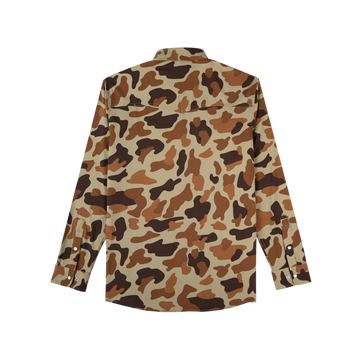 The White Wing outdoor shirt in brown camo pattern shown from the back