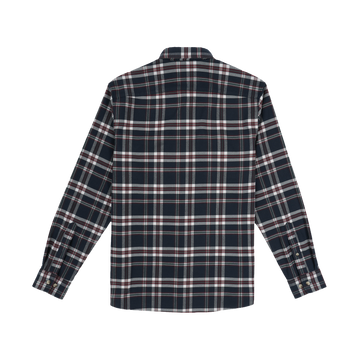 The Willamette long sleeve plaid shirt in dark tones viewed from the back