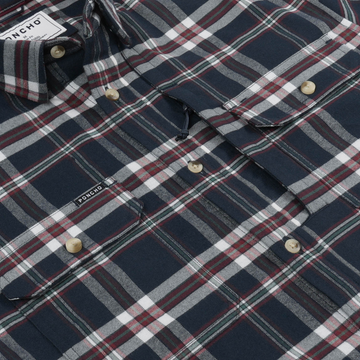 Close-up of The Willamette plaid shirt with button details and chest pockets