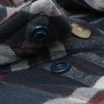 Close-up of The Willamette shirt fabric and buttons in dark plaid pattern