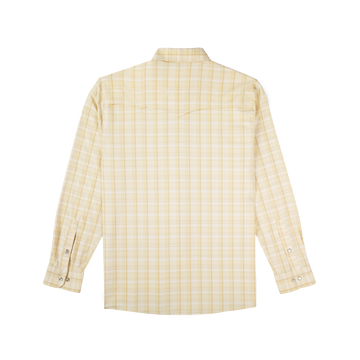 The Yellowbelly outdoor shirt in soft yellow plaid, back view