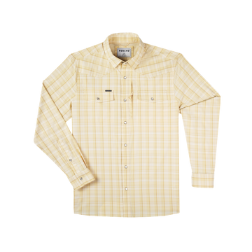 The Yellowbelly lightweight yellow plaid outdoor shirt with long sleeves and button pockets
