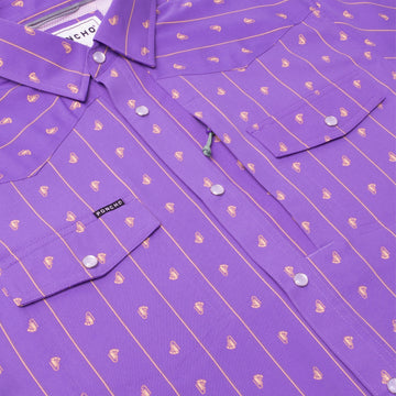 Close-up of purple "The Hoodoo" outdoor shirt with subtle striped pattern and buttoned chest pockets