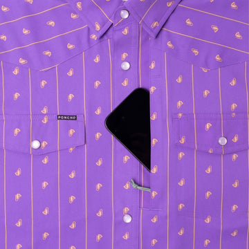 The Hoodoo purple outdoor shirt with chest pockets and a phone in the hidden zipper pocket