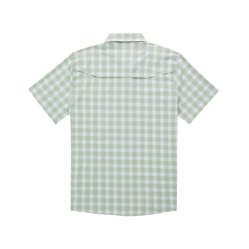 The St. Catherine outdoor shirt in light green check pattern, back view