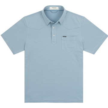 Light blue short sleeve polo shirt with front pocket and buttons