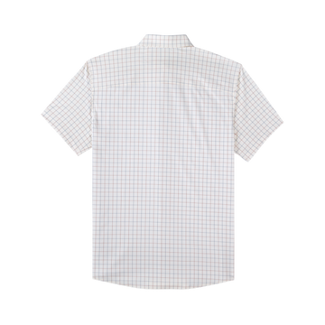 back view of short sleeve blue and red plaid shirt
