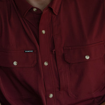 close up of chest of maroon shirt