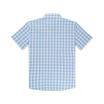 photo of the back of blue and white plaid shirt