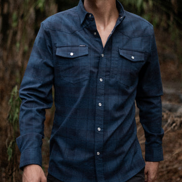 man walking in blue plaid flannel with pearl snaps