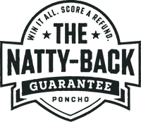 Black logo with text "THE NATTY-BACK" and callout phrases surrounding it in a stylized badge shape